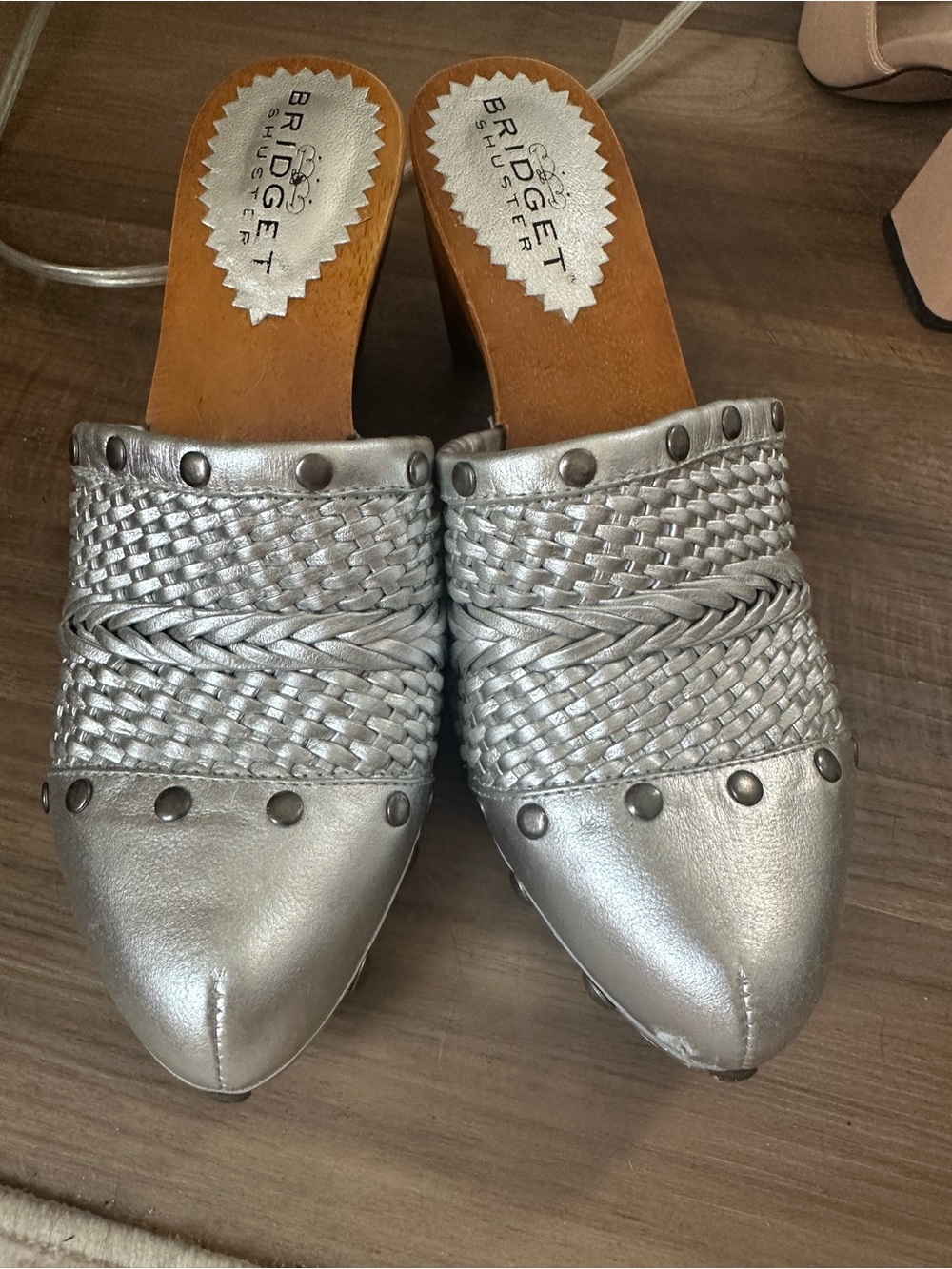 Clog Mule Heels Metallic Silver Leather